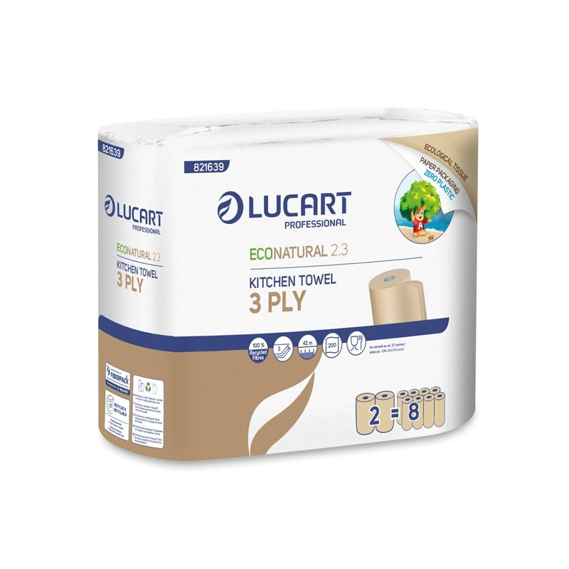 Asciugatutto EcoNatural 2.3 Plastic Free - 200 strappi - Lucart - pacco 2 rotoli green - 91432