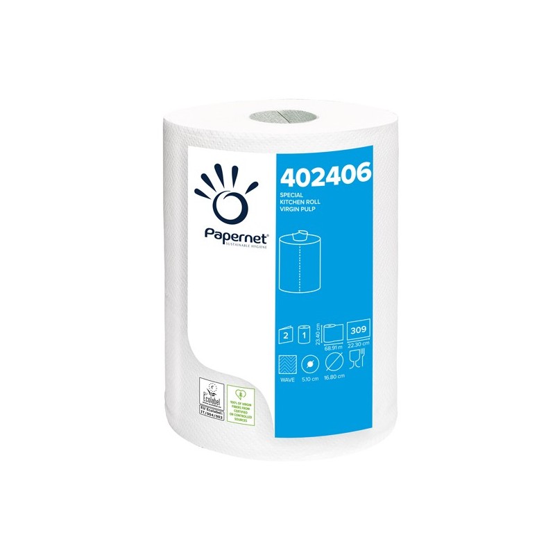 Rotolo asciugatutto - 2 veli - goffratura a onda - 23,4 cm x 68,9 mt - 309 strappi - bianco - Papernet - 67432