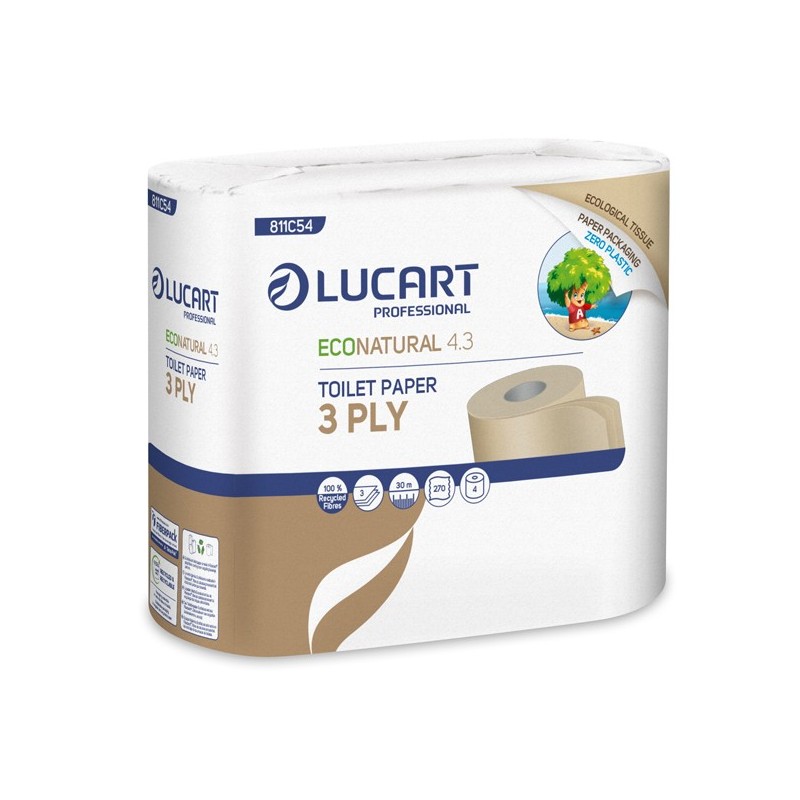 Carta igienica EcoNatural 4.3 Plastic Free - 270 strappi - Lucart - pacco 4 rotoli - 91431