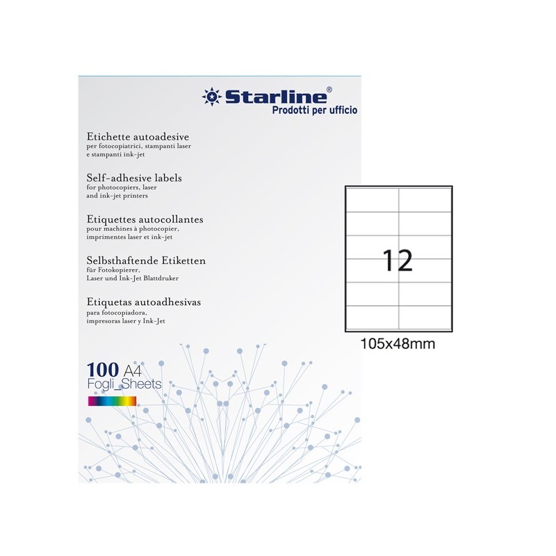Etichette adesive - in carta - permanenti - 105 x 48 mm - 12 et/fg - 100 fogli - bianco - Starline - STL3030